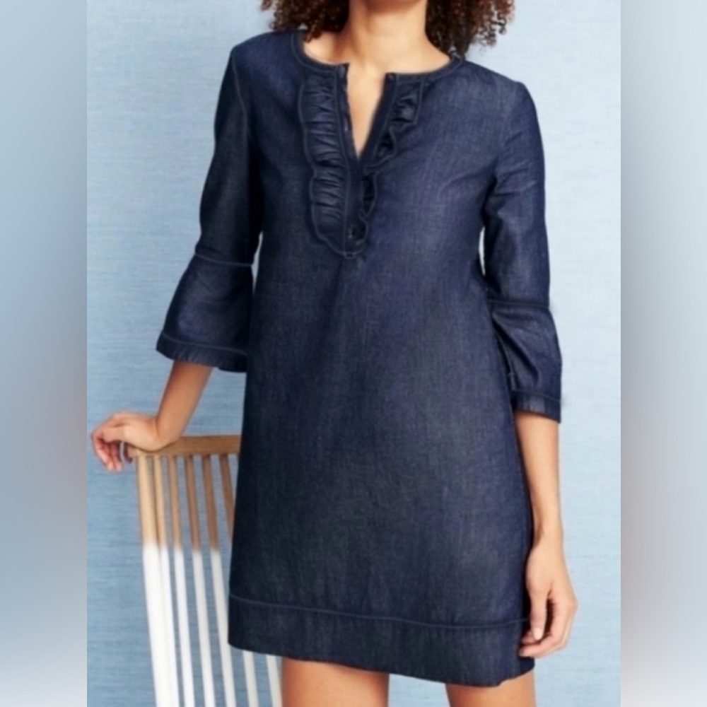 Draper James Dark Blue Denim Ruffle Sleeve Dress - Picture 5 of 12